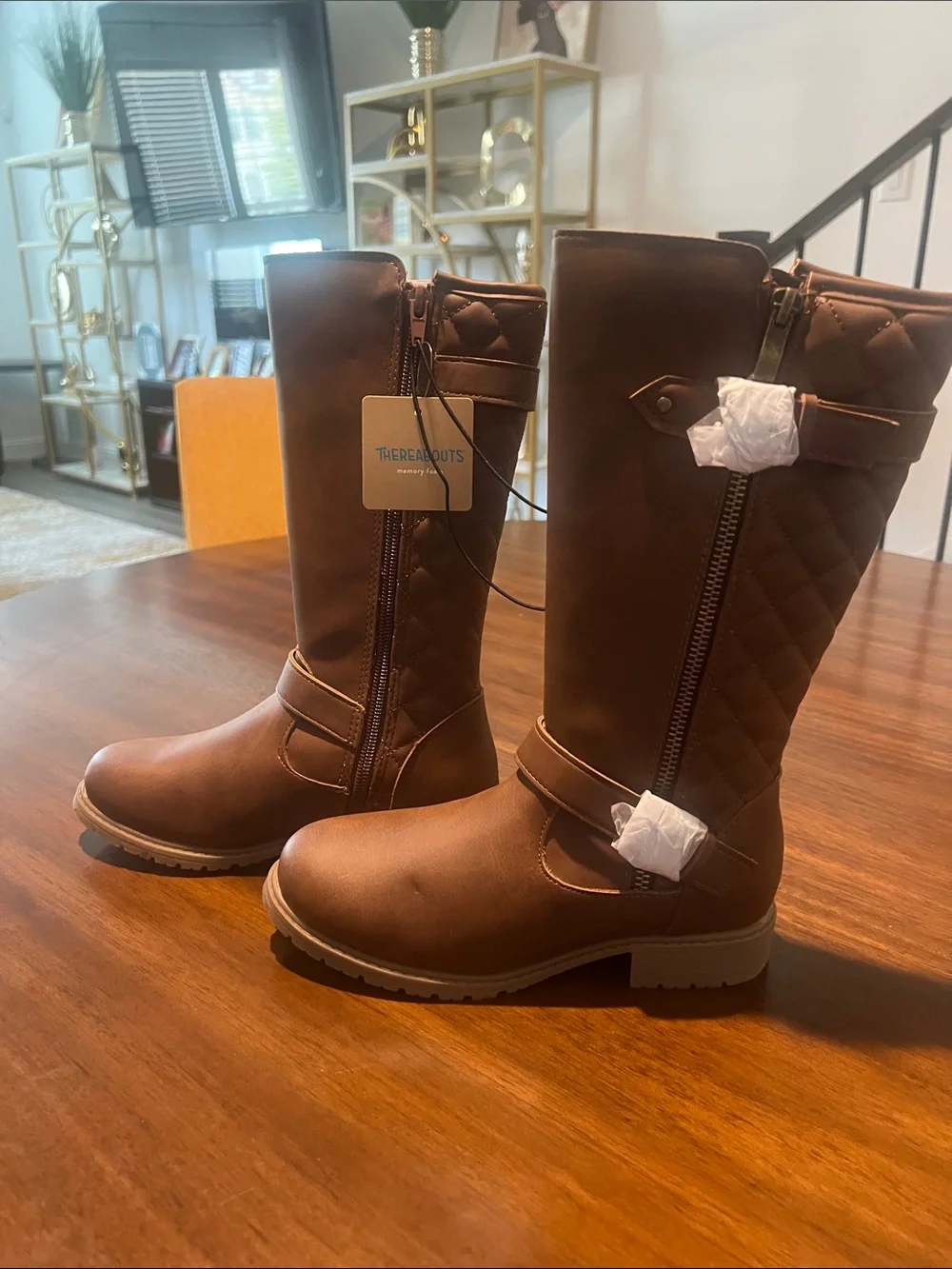 Girls' Tall Brown Quilted Zip Boots - Stylish Kids Riding Boots - Size 2 Medium